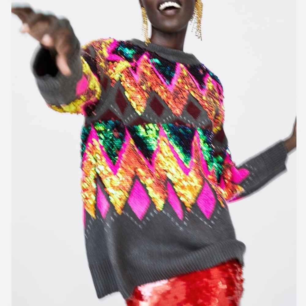 ZARA MULTICOLOR OVERSIZED SEQUIN SWEATER RARE MEDIUM M - Picture 4 of 16